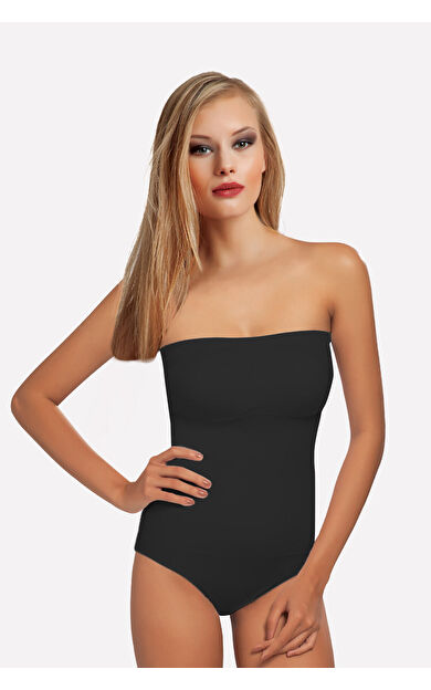 NBB Siyah Straplez Çıtçıtlı Dikişsiz Kaplı Body