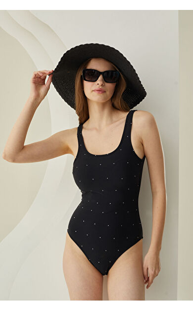 NBB Siyah U Yaka Taşlı Mayo