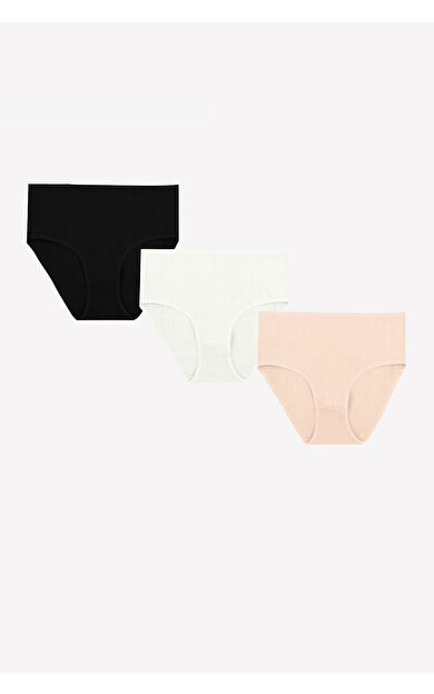 NBB Somon Ekru Siyah 3lü Fitilli Yüksel Bel Külot