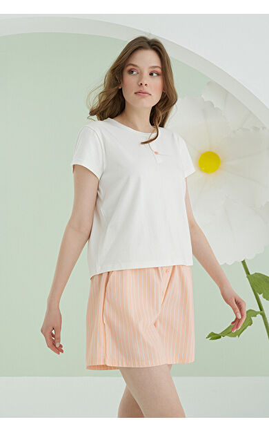 Somon Önden Düğmeli Çizgili Şort Takım