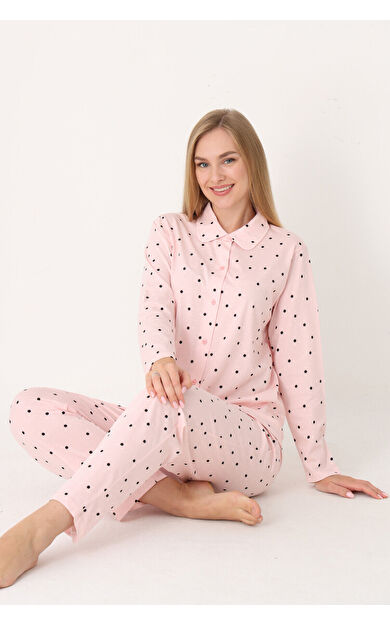 Somon Polka Dot Önden Düğmeli Pijama Takım