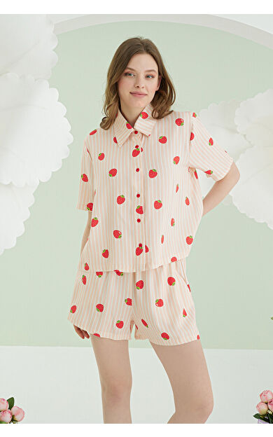 NBB Turuncu Çilekli Şortlu Önden Düğmeli Pijama Takımı
