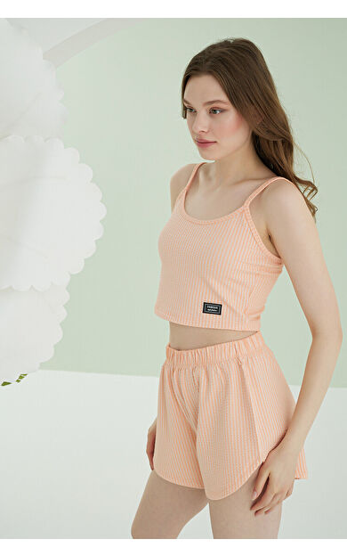 NBB Turuncu İnce Askılı Crop Şort Takım