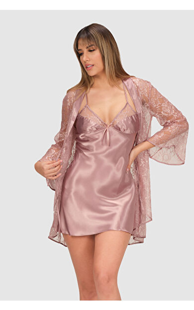 NBB Vizon Dantelli Saten Gecelik Sabahlık Takımı