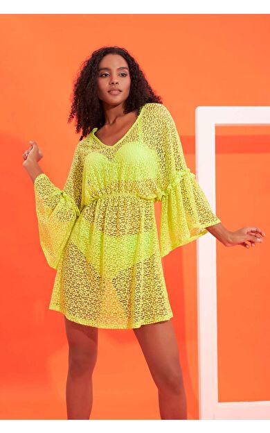 NBB Yeşil Dantelli Beli Büzgülü Elbise Pareo