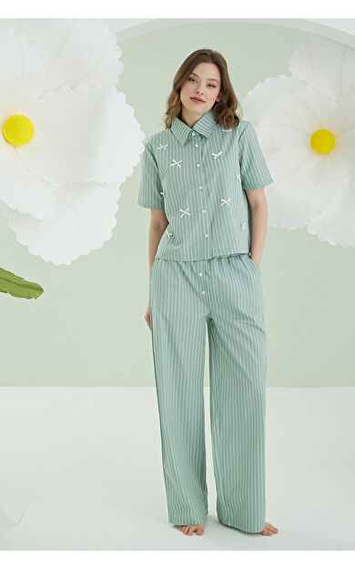 NBB Yeşil Kurdele Önden Düğmeli Pijama Takım