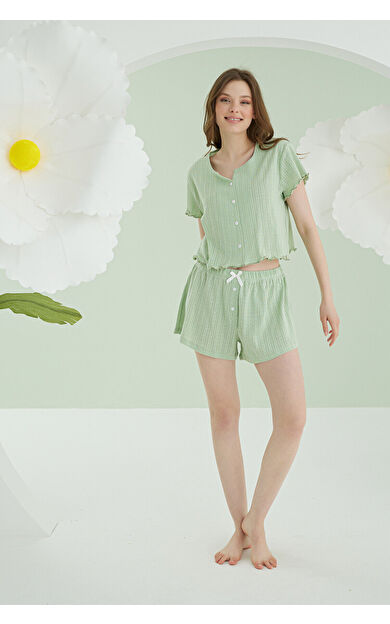 Yeşil Önden Düğmeli Crop Şort Takım