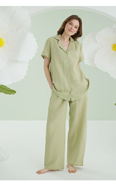 Yeşil Serena Önden Düğmeli Pijama Takım