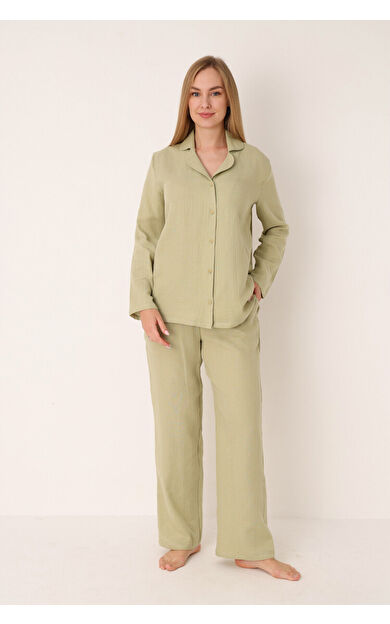 NBB Yeşil Straight Önden Düğmeli Pijama Takım