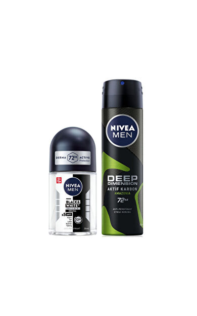 Nivea Men Erkek Sprey Deodorant Deep Dimension Aktif Karbon Amazonia 150ml ve Black&White Invisible Original Mini Roll-on 25ml