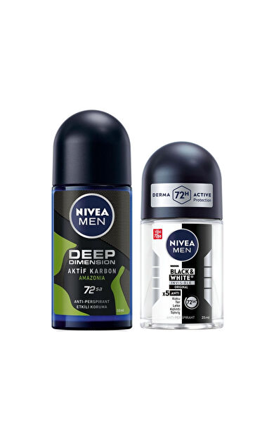 NIVEA MEN Erkek Roll-on Deodorant Deep Dimension Amazonia 50ml ve Black&White Invisible Original Mini Roll-on 25ml