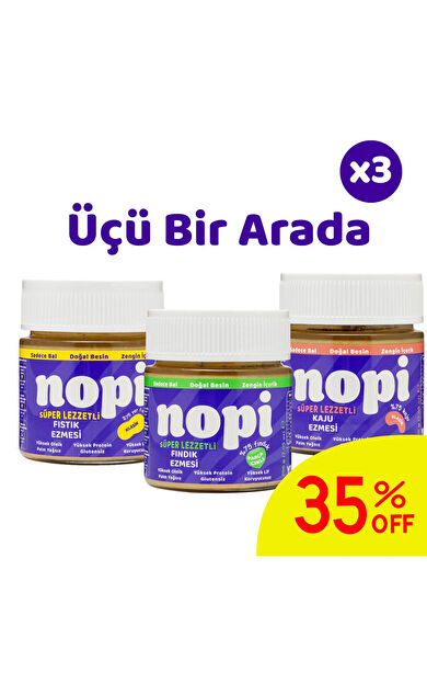 Nopi Üçlü Set- Klasik Yer Fıstığı &amp; Parçacıklı Fındık &amp; Kaju Ezmesi ( 3 x 200 g)