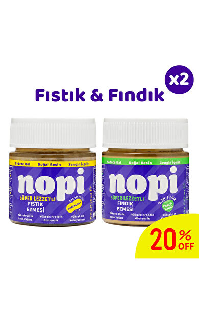 Nopı İkili Set- Parçacıklı Yer Fıstığı &amp; Parçacıklı Fındık Ezmesi ( 2 x 200 g)