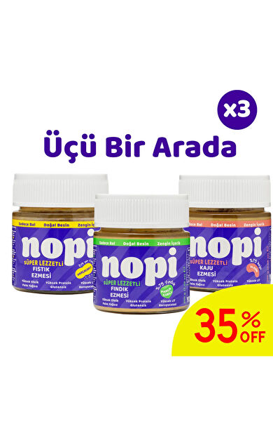 Nopi Üçlü Set- Parçacıklı Yer Fıstığı &amp; Parçacıklı Fındık &amp; Kaju Ezmesi ( 3 x 200 g)