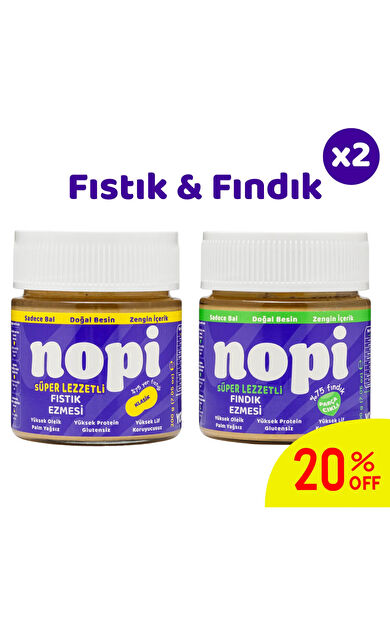 Nopı İkili Set- Klasik Yer Fıstığı &amp; Parçacıklı Fındık Ezmesi ( 2 x 200 g)