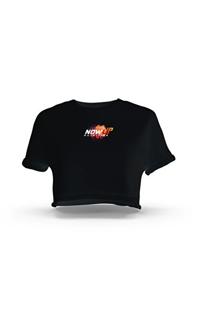Nowup Nutrition Nowup Logolu Siyah Kadın Crop | Turuncu Baskılı Spor Crop