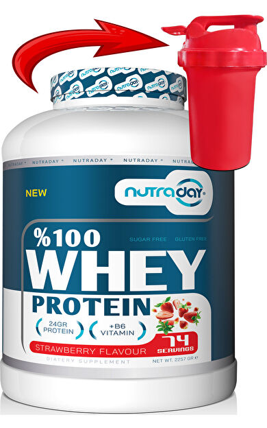 nutraday Whey Protein 2257 gr Çilek Aromalı Protein Tozu 24 gram Protein 74 Servis