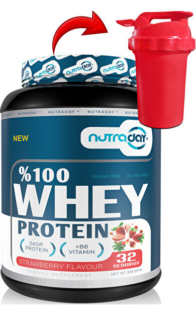nutraday Whey Protein 976 gr Çilek Aromalı Protein Tozu 24 gram Protein 32 Servis
