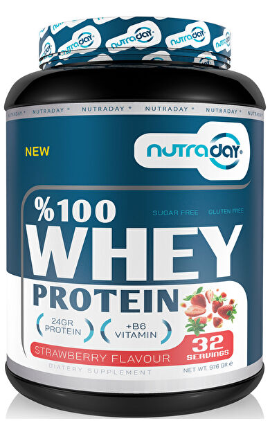 nutraday Whey Protein 976 gr Çilek Aromalı Protein Tozu 24 gram Protein 32 Servis