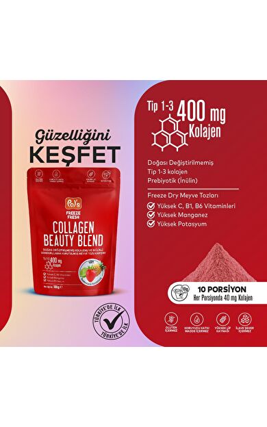 Pol's Freeze Fresh Beauty Blend 100 g, Dondurularak Kurutulmuş Meyve Tozu, Kolajen, İnülin, Yüksek Lif, Manganez