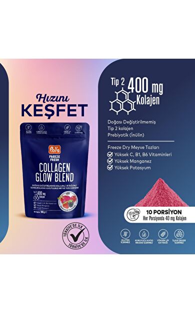 Pol's Freeze Fresh Glow Blend 100 g, Dondurularak Kurutulmuş Meyve Tozu, Kolajen, İnülin, Yüksek Lif, Manganez