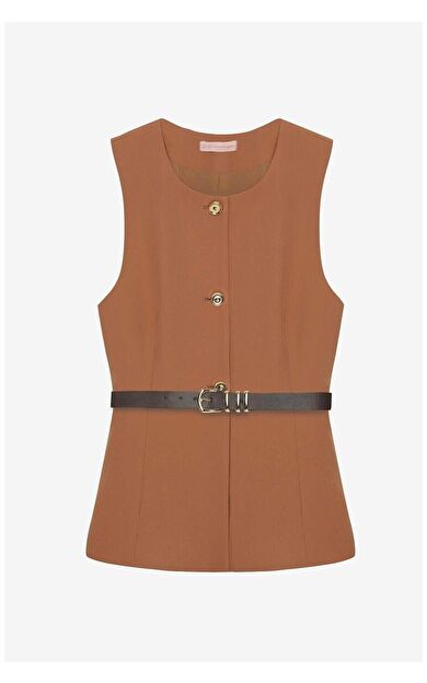 Quzu Bisiklet Yaka Kemerli Kadın Yelek