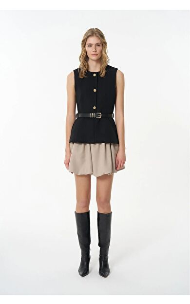 Quzu Bisiklet Yaka Kemerli Kadın Yelek