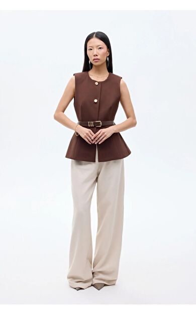 Quzu Bisiklet Yaka Kemerli Kadın Yelek