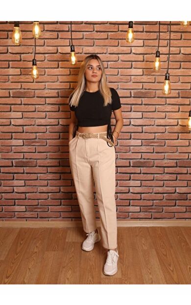 Quzu Hasır Kemerli Kadın Pantolon 21Y70840 21Y70840-TAŞ