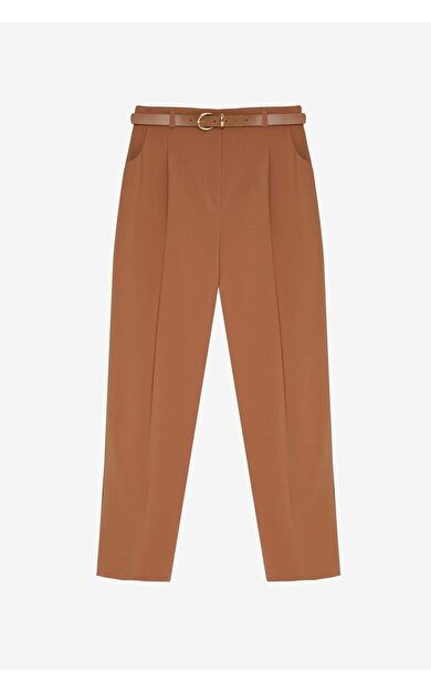 Quzu Yüksek Bel Kemerli Pensli Kadın Pantolon