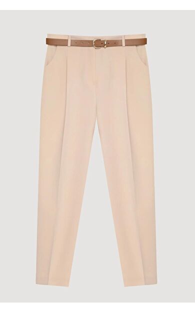 Quzu Yüksek Bel Kemerli Pensli Kadın Pantolon