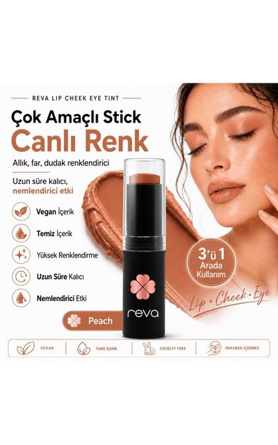 REVA Çok Amaçlı Stick Allık, Far, Dudak Renklendirici Peach/lip Cheek Eye Tint-vegan &amp; Temiz Içerik Rv111 Canlı Şeftali