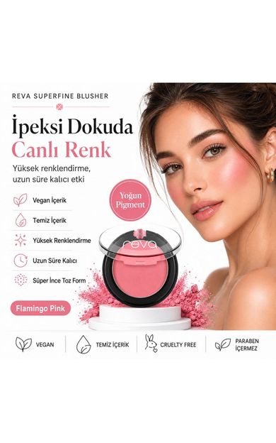 REVA Superfine Blusher Flamingo Pink - Süper ince Toz Allık 7,5 gr - No: 703 - Vegan &amp; Temiz İçerik Flamingo Pembesi