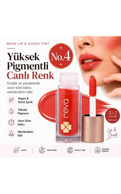 REVA Vegan &amp; Temiz İçerikli Lip &amp; Cheek Tint – 2’si 1 Arada Doğal Renk, Nem ve Işıltı No.4