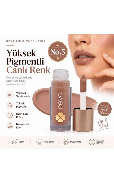 REVA Vegan &amp; Temiz İçerikli Lip &amp; Cheek Tint – 2’si 1 Arada Doğal Renk, Nem ve Işıltı No.5