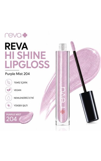 REVA Işıltılı Dudak Parlatıcısı - Hi-shine Lip Gloss Purple Mist - No: 204 - Vegan &amp; Temiz Içerik Yumuşak Pembe