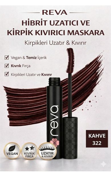 REVA Uzatan Hibrit Maskara - Hybrid Length &amp; Curl Mascara Brown - No: 322 - Vegan Temiz Içerik Kahverengi