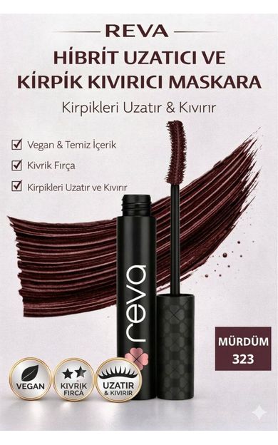 REVA Uzatan Hibrit Maskara Mürdüm - Hybrid Length &amp; Curl Mascara Prune - No: 323 - Vegan Temiz Içerik Mürdüm