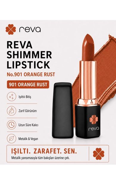 REVA Shimmer Lipstick Orange Rust - Işıltı Ruj - No: 901 - Vegan &amp; Temiz Içerik Paslı Turuncu