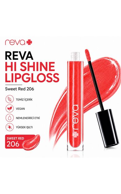 REVA Işıltılı Dudak Parlatıcısı - Hi-shine Lip Gloss Sweed Red - No: 206 - Vegan &amp; Temiz Içerik Tatlı Kırmızı