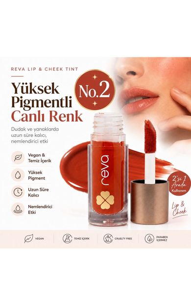 REVA Vegan &amp; Temiz İçerikli Lip &amp; Cheek Tint – 2’si 1 Arada Doğal Renk, Nem ve Işıltı No.2
