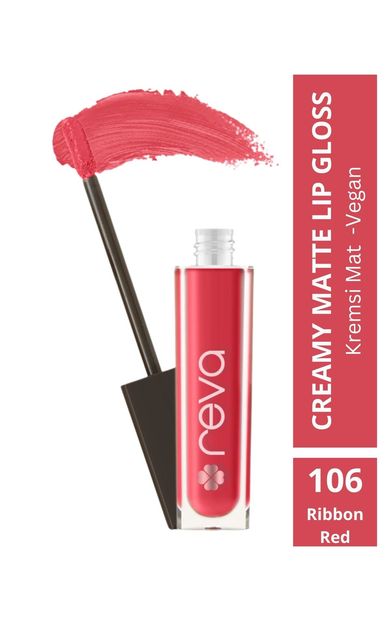 REVA Creamy Matte Lip Ribbon Red - Mat Krem Dudak Parlatıcısı - No: 106 - Vegan &amp; Temiz Içerik Canlı Kırmızı