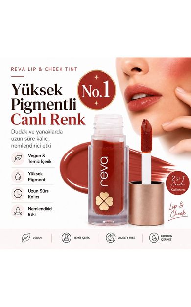 REVA Vegan &amp; Temiz İçerikli Lip &amp; Cheek Tint – 2’si 1 Arada Doğal Renk, Nem ve Işıltı No1.