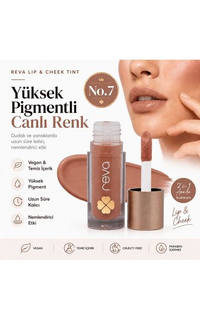 REVA Vegan &amp; Temiz İçerikli Lip &amp; Cheek Tint – 2’si 1 Arada Doğal Renk, Nem ve Işıltı No.7