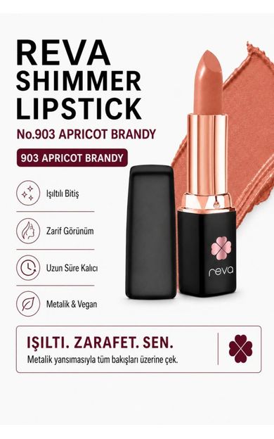 REVA Shimmer Lipstick Apricot Brandy - Işıltı Ruj - 4 gr - No: 903 - Vegan &amp; Temiz Içerik Kayısı Brendi