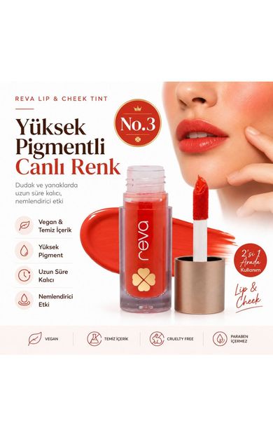 REVA Vegan &amp; Temiz İçerikli Lip &amp; Cheek Tint – 2’si 1 Arada Doğal Renk, Nem ve Işıltı No.3