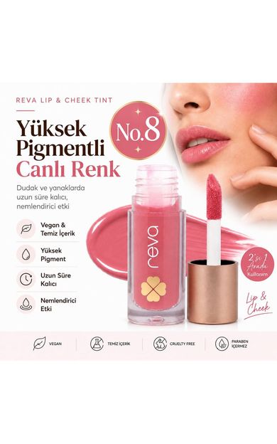 REVA Vegan &amp; Temiz İçerikli Lip &amp; Cheek Tint – 2’si 1 Arada Doğal Renk, Nem ve Işıltı No.8