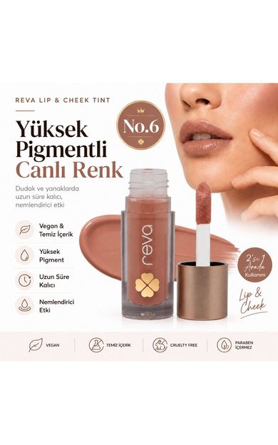 REVA Vegan &amp; Temiz İçerikli Lip &amp; Cheek Tint – 2’si 1 Arada Doğal Renk, Nem ve Işıltı No.6