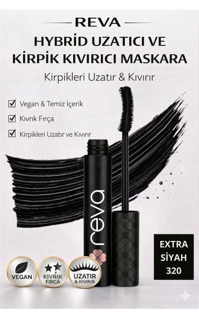 REVA Uzatan Hibrit Maskara - Hybrid Length &amp; Curl Mascara Extra Black - No: 320 - Vegan Temiz Içerik Siyah