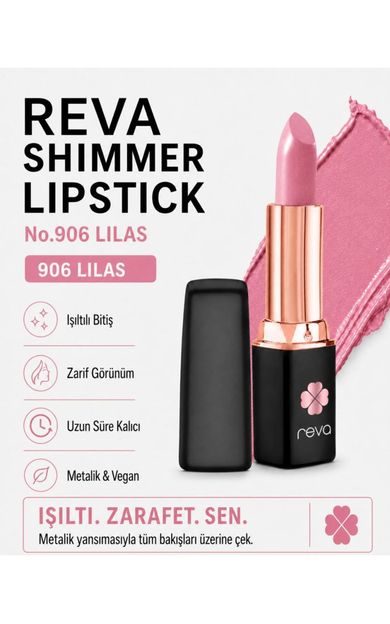 REVA Shimmer Lipstick Lilas - Işıltı Ruj - No: 906 - Vegan Temiz Içerik Lila